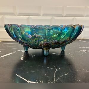 Vintage Indiana Glass Bowl – Harvest Grapes, Blue Iridescent, 4 Footed